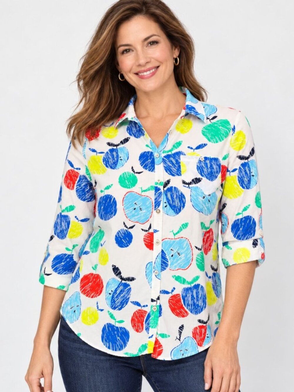 Talbots Womens Shirt Apple Multicolor Roll Tab Sleeve Button Up Petite Size Lp